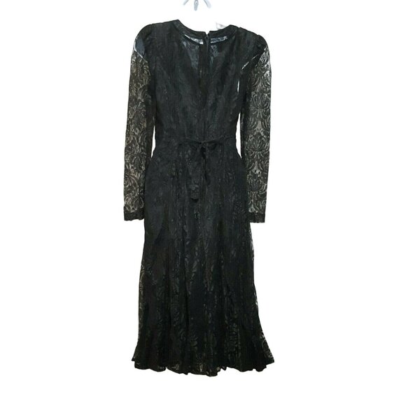 Vintage Lace Dress 10P Beaded Black Lined Zip Gothic Wedding Goth Tea Length - Picture 3 of 11